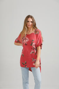 Contessa Linen Floral top . Watermelon