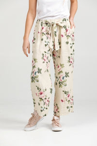 Eva Linen  Floral Pants. Antique Cream