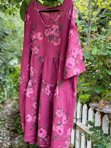 Stella Floral Linen dress. Bordeaux Rose