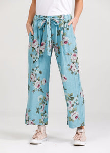 Eva linen floral  Pants . Tahitian Blue Rose