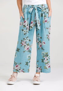 Eva linen floral  Pants . Tahitian Blue