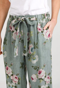 Eva Linen Floral pants. Sage Green