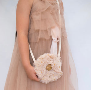 Tulle Ruffle shoulder bag. Pink with gold sparkles