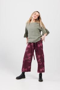 Eva Floral linen pants. Bordeaux Rose