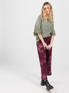 Eva Floral linen pants. Bordeaux Rose