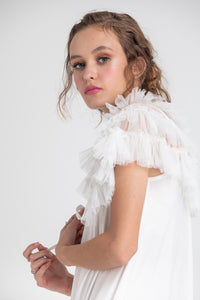 ruffled tulle Faerie cape in icing sugar white.