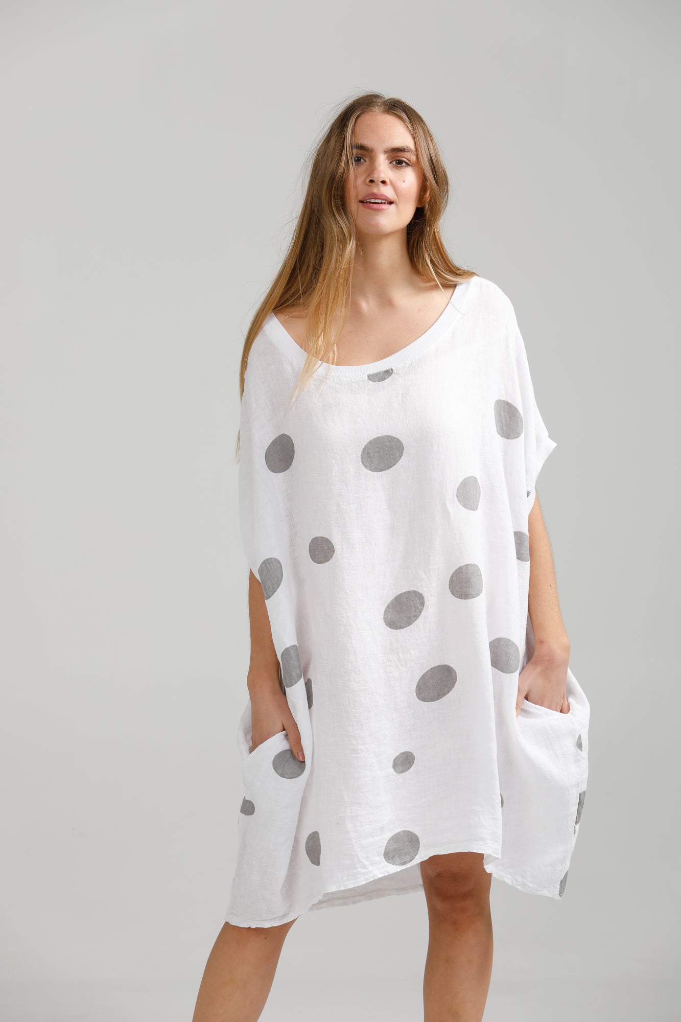 Grey dress with 2025 white polka dots