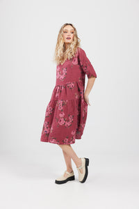 Stella Floral Linen dress. Bordeaux Rose