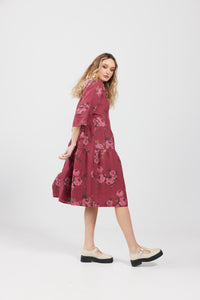 Stella Linen Floral dress. Bordeaux