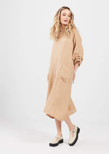 primavera linen Dress. Cafe Latte. Long-Sleeved