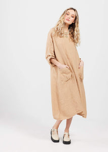 primavera linen Dress. Cafe Latte. Long-Sleeved