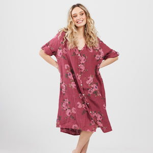 Abigail Floral Linen Coatdress . Bordeaux