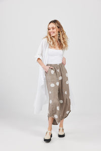 LuLu Linen pants. Taupe Polka dot.