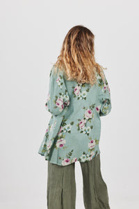 Rupert Boyfriend Floral Linen Shirt. Sage Green Rose