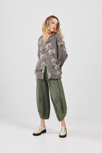 Rupert Boyfriend Floral Linen Shirt. Sage Green Rose