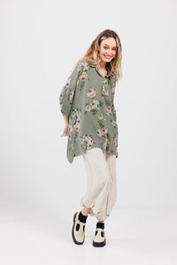 Teddie Floral linen shirt. Khaki