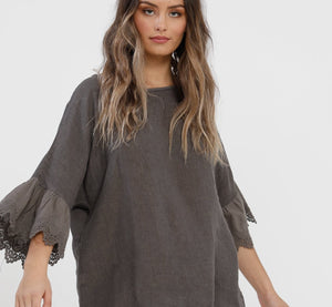 Ellie Lace ruffled Linen top. Charcoal