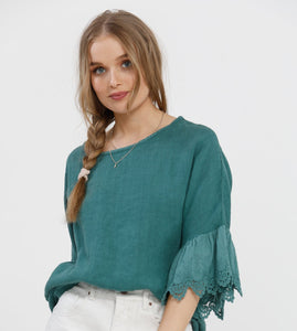 Ellie Ruffle Linen top. Peacock Green