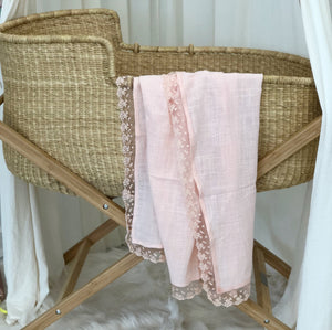 Baby cotton and lace swaddle ..Lullabye in pink and cream