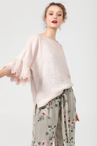 Ellie lace ruffled sleeve top. Pale pink