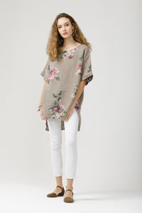 Contessa Linen Floral Top. Cocoa